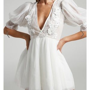 Showpo Akshia Mini Dress - Puff Sleeve Floral Detail Plunge Neck Dress in White